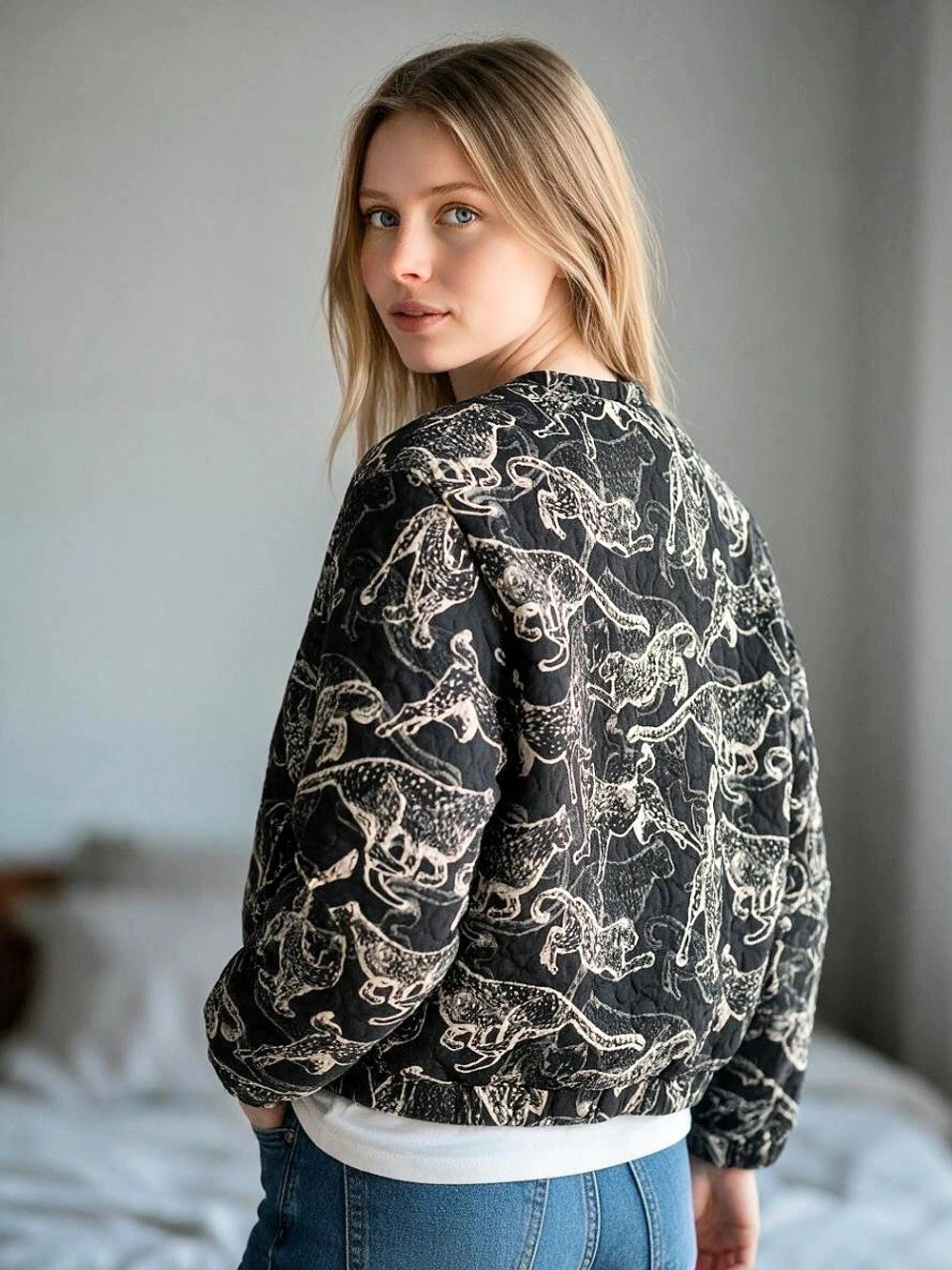 H&M Quilted Jacket Black & White Animal Print Size Medium